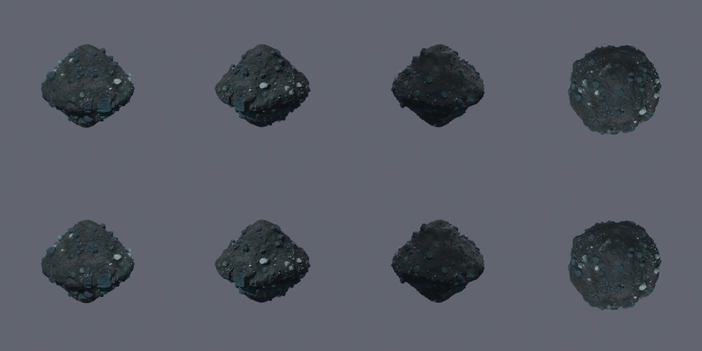 Spinning-top rubble asteroid - four angles