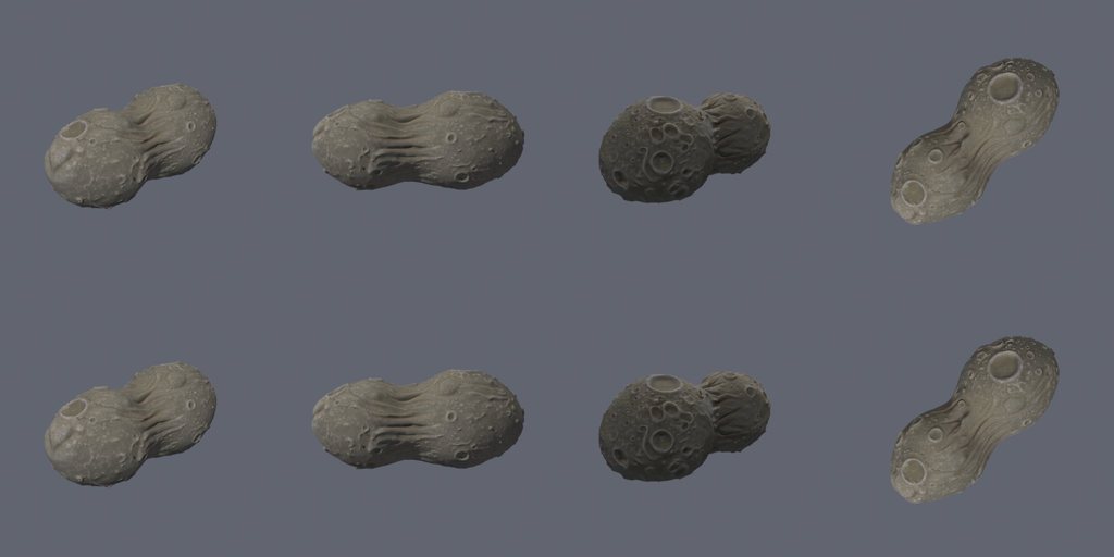Elongated saddle asteroid - four angles