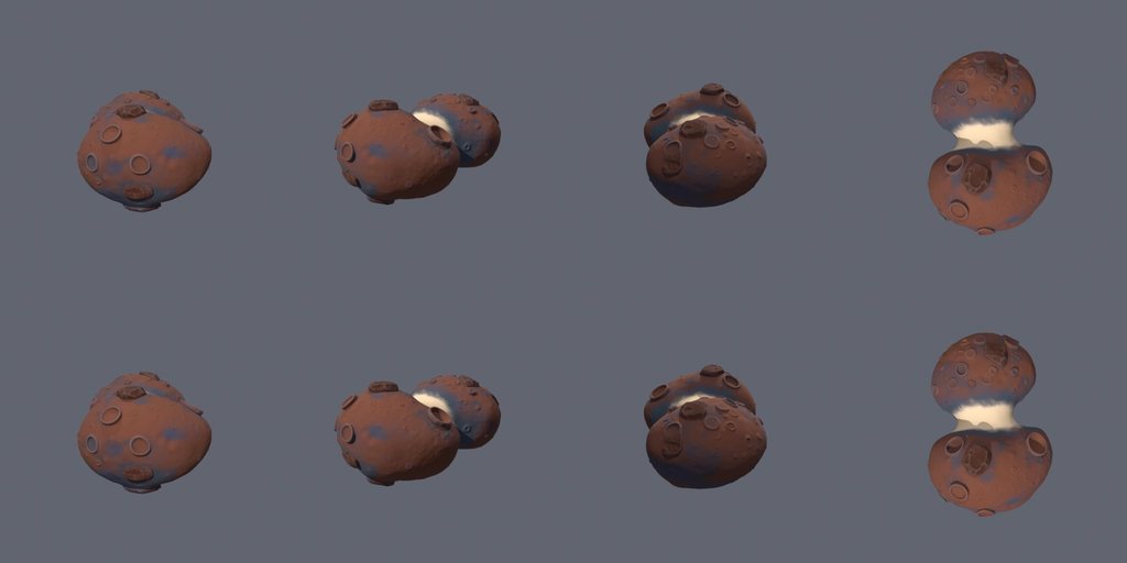Tholin contact-binary asteroid - four angles