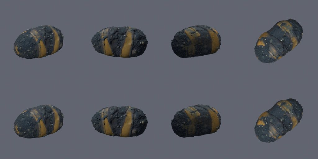 Ore-veined potato asteroid - four angles