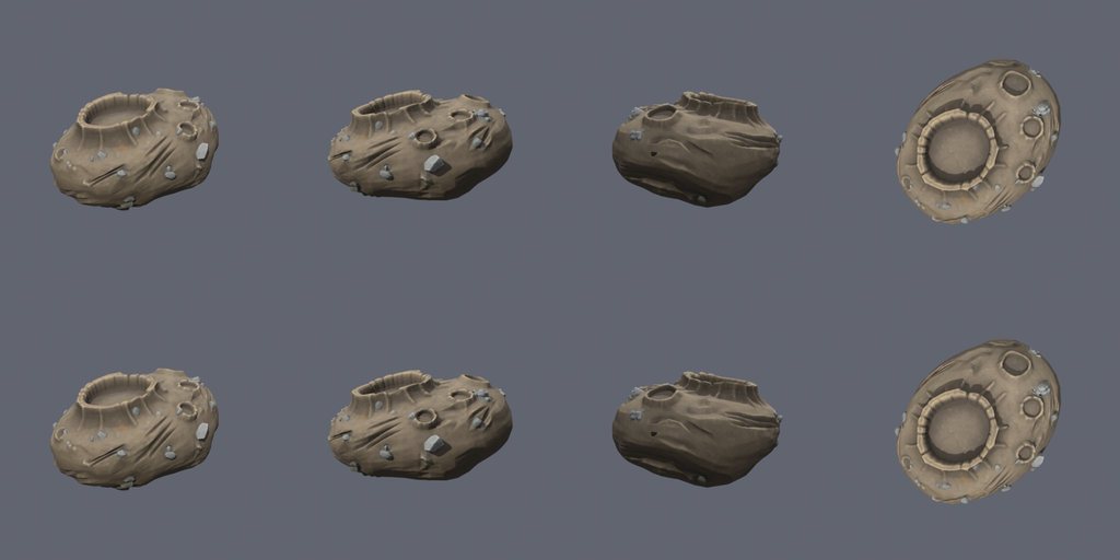 Dirty-ice basin asteroid - four angles